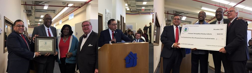 [Galvan with Cincinnati Metropolitan Housing Authority CEO Gregory Johnson and team at Findlater Gardens in Cincinnati; Galvan and Cincinnati Mayor John Cranley in background; Galvan with veteran Earl Logan, Cincinnati housing authority and Cincinnati VA Medical Center Director Mark Murdock.]