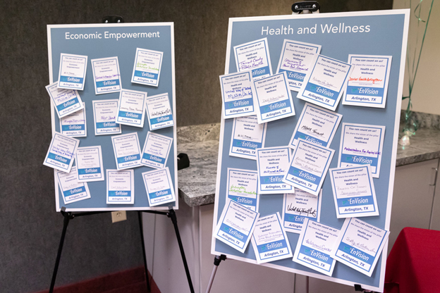 [Boards display community partners during the Arlington EnVision Center dedication Feb. 27 at the Arlington Human Service Center. Health and wellness, and economic empowerment are two of the four pillars for EnVision Centers.]