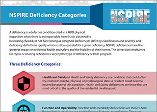 A thumbnail representation of the top half of the NSPIRE Deficiency Categories Factsheet PDF.