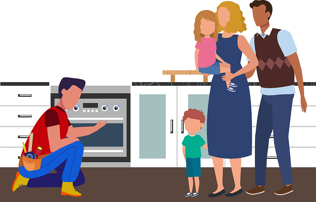 Illustration of an inspector examining a stove while speaking with a family.