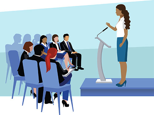 Illustration of a woman giving a speech to an audience.