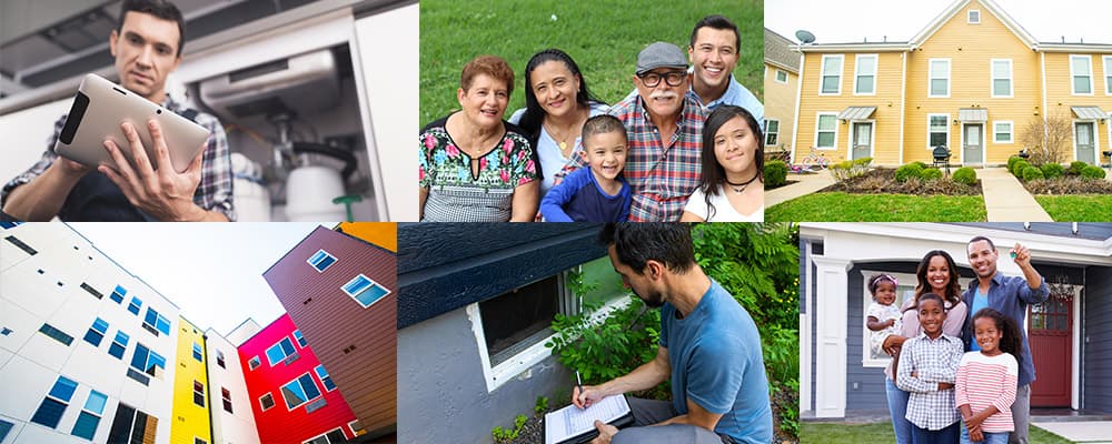 A collage of six different images, depicting (1) an inspector using a digital tablet to record inspection results, (2) three generations of a family, (3) the exterior of townhouses, (4) the exterior of an apartment building, (5) an inspector using a clipboard to record inspection results, and (6) a family showing the keys to their new house.