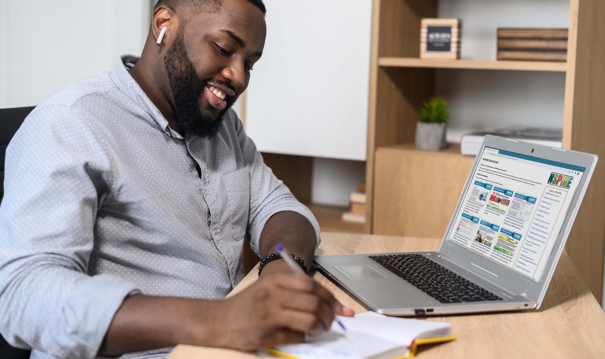Man reviewing the NSPIRE’s resources webpage on a laptop.. Have more questions about NSPIRE? Need additional information? Review NSPIRE Resources including printer-friendly factsheets and a multitude of NSPIRE links.