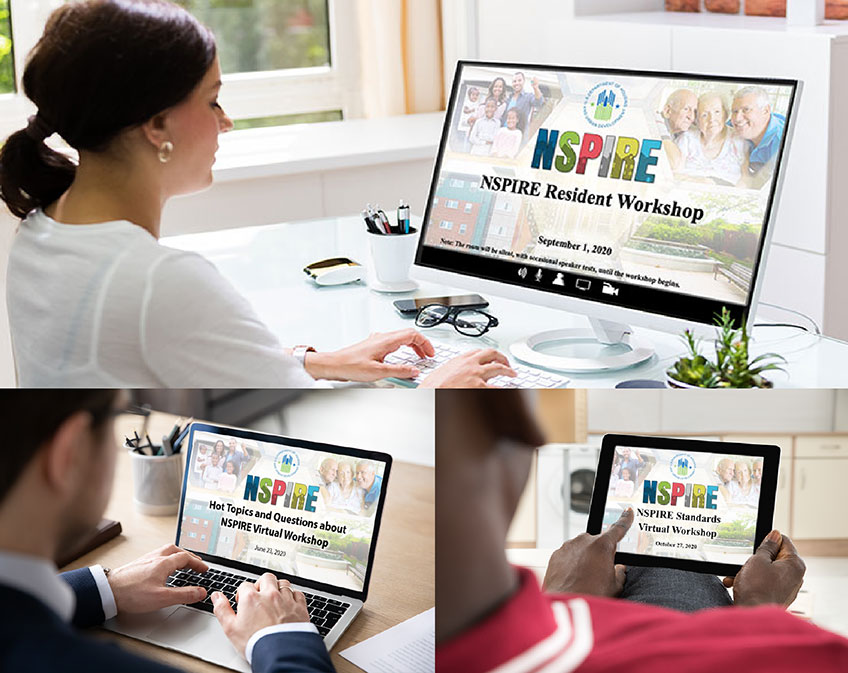 Three examples of attendees at NSPIRE virtual workshops — one at a NSPIRE Resident Virtual Workshop, one at the Hot Topics and Questions about NSPIRE Virtual Workshop, and one at a NSPIRE Standards Workshop.