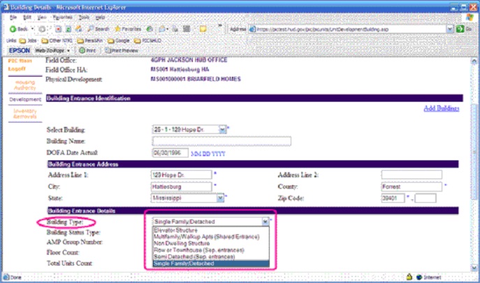 Screen print of the building details page highlighting where to find the structure type drop-down box