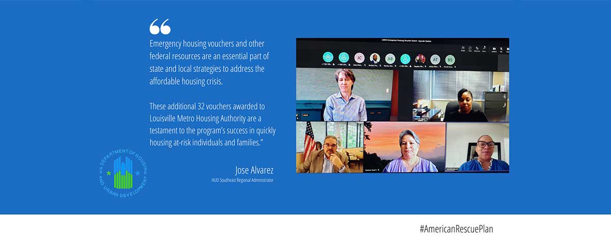 [HUD Southeast Regional Administrator Jose Alvarez and HUD's Kentucky team congratulated Metro Louisville Housing Authority and the Coalition for the Homeless in their effectiveness using emergency housing vouchers.]. HUD Photo